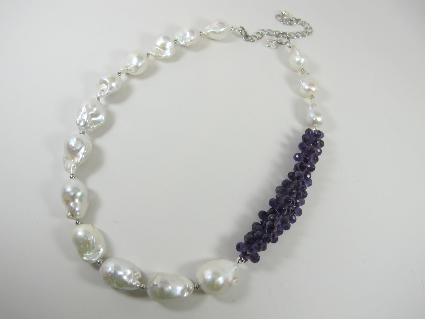 Genuine amethyst pearl necklace, statement white pearl necklace, chunky white and purple baroque pearl jewelry, freshwater white pearl