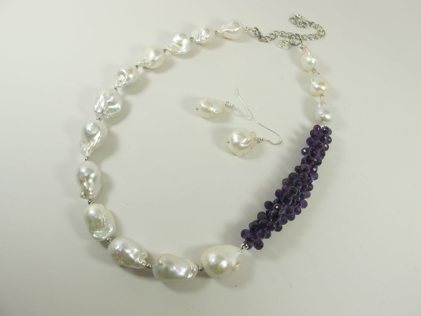 Genuine amethyst pearl necklace, statement white pearl necklace, chunky white and purple baroque pearl jewelry, freshwater white pearl