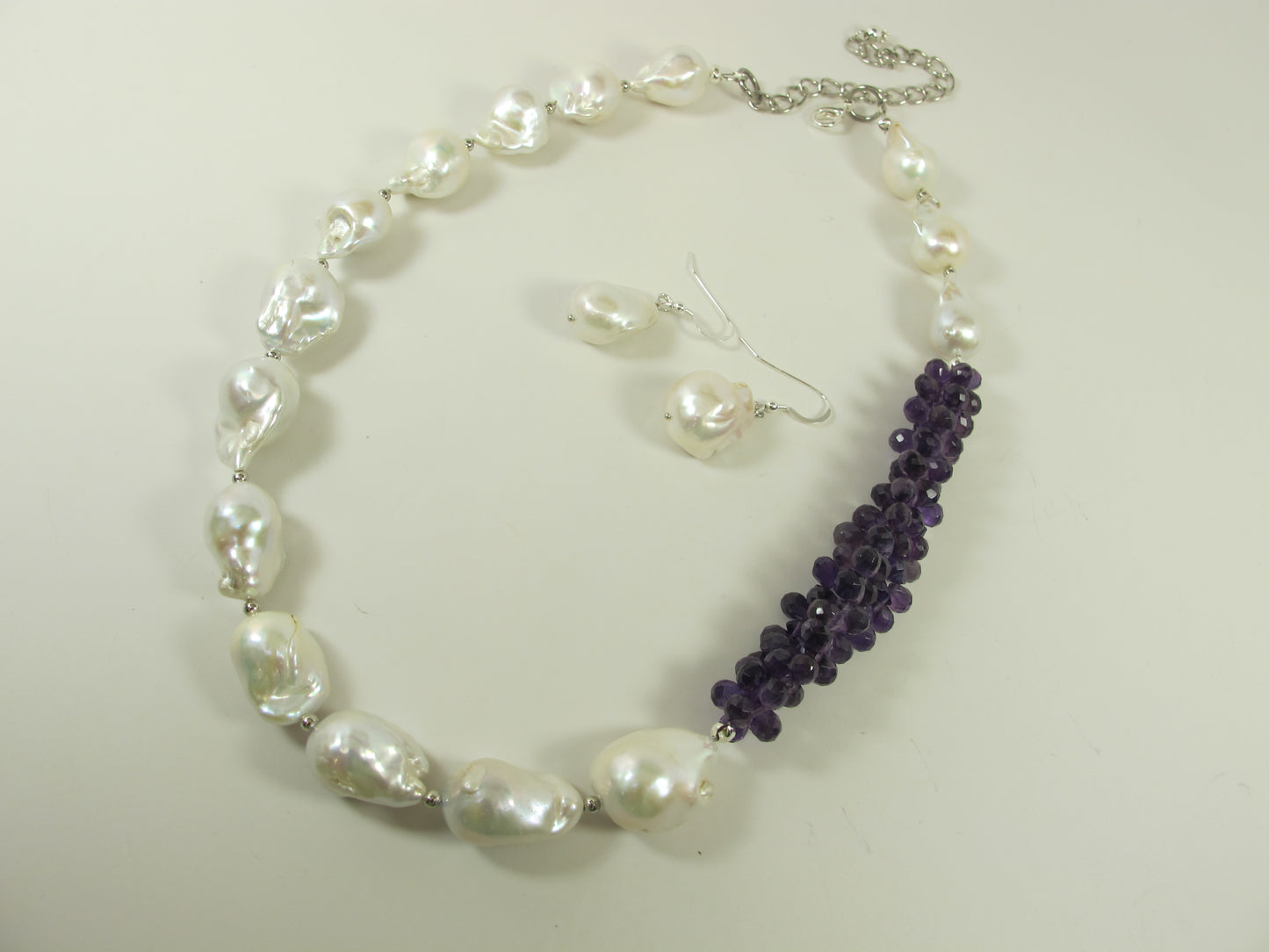 Genuine amethyst pearl necklace, statement white pearl necklace, chunky white and purple baroque pearl jewelry, freshwater white pearl