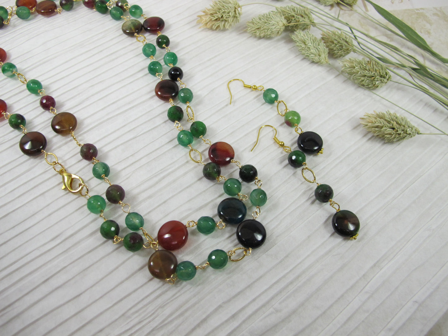 Green statement necklace, genuine green brown stone statement necklace, beaded necklace, green prehnite beads,amethyst statement jewelry