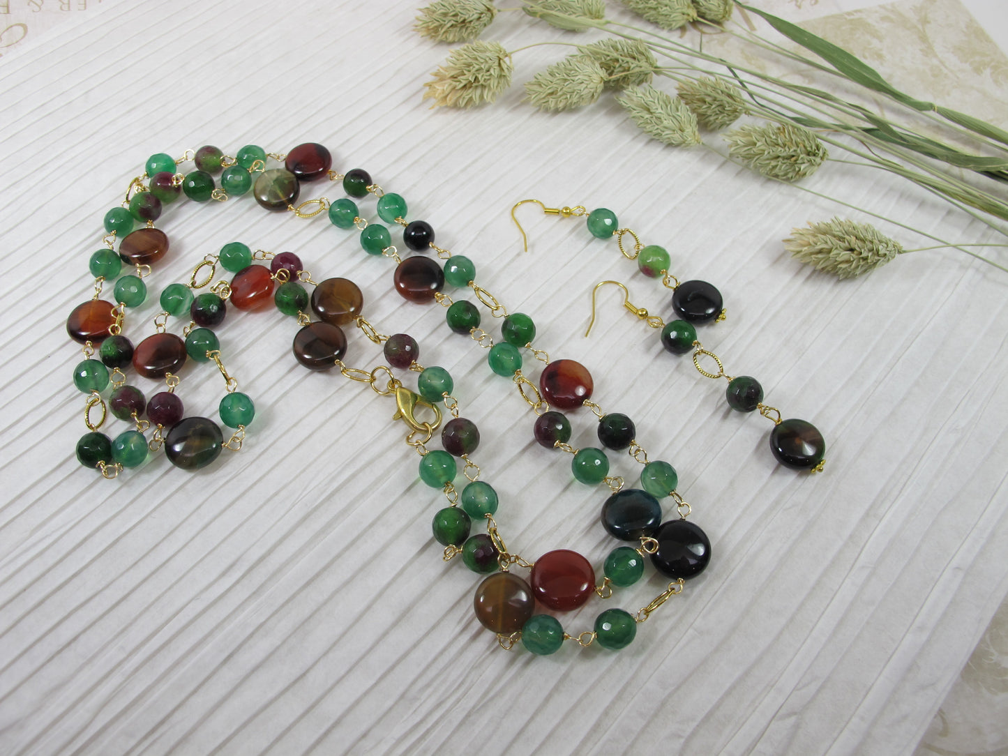 Green statement necklace, genuine green brown stone statement necklace, beaded necklace, green prehnite beads,amethyst statement jewelry