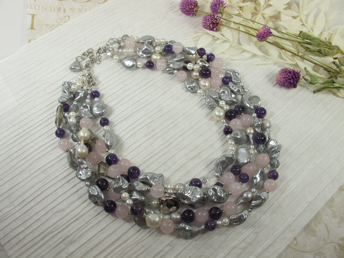 Gray SHELL PEARL necklace, statement gray peacock shell pearl necklace, chunky gray baroque pearl jewelry, multistrand shell pearl