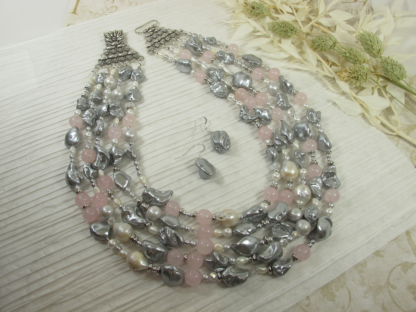 Gray baroque pearl necklace, statement gray peacock shell pearl necklace, chunky gray baroque pearl jewelry, multistrand shell pearl