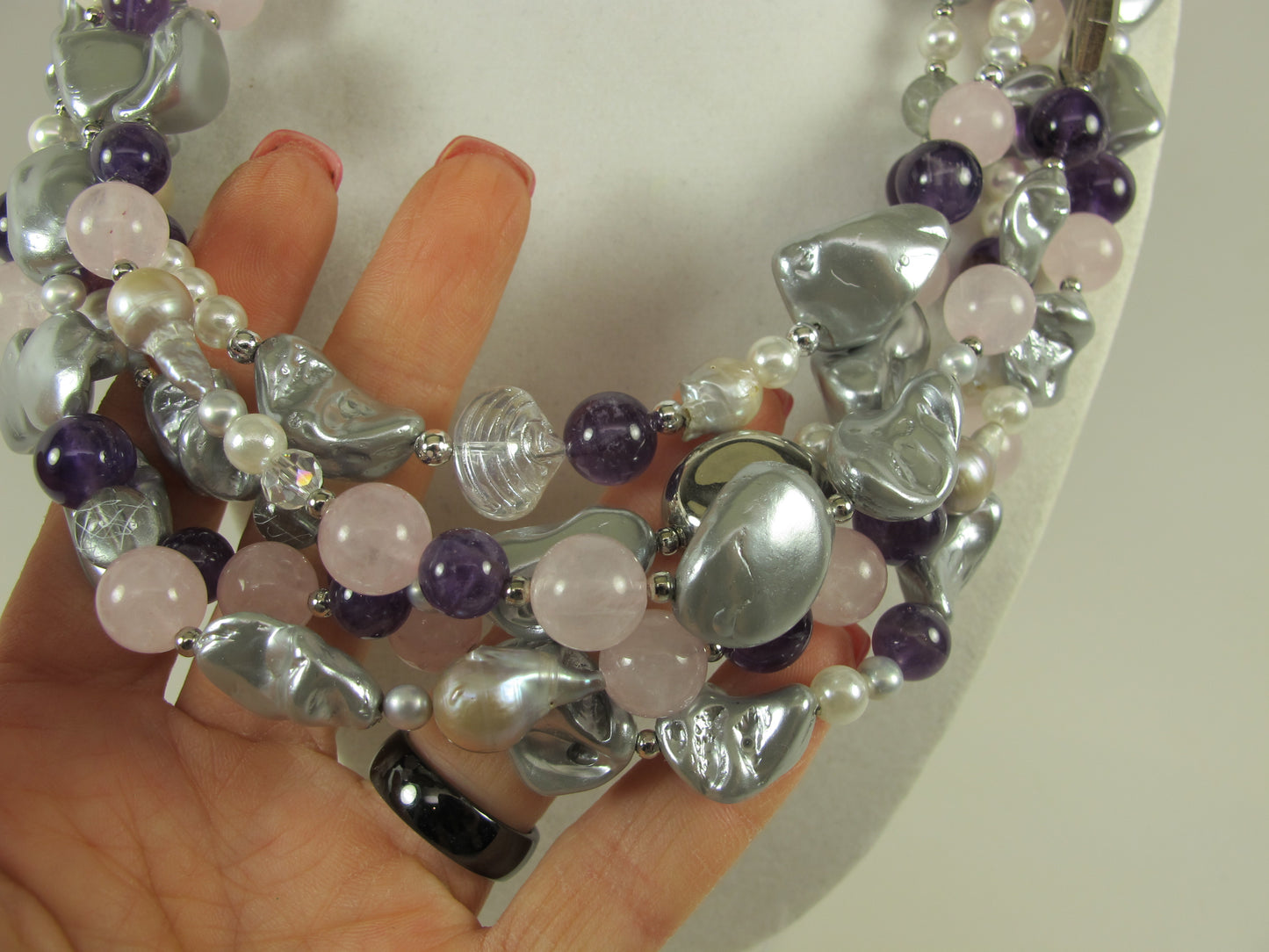Gray SHELL PEARL necklace, statement gray peacock shell pearl necklace, chunky gray baroque pearl jewelry, multistrand shell pearl