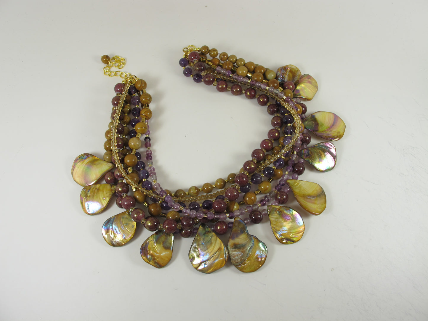 Fall statement necklace, brown gemstone beaded necklace, multi strand gold marigold amethyst mother of pearl necklace, brown gemstone