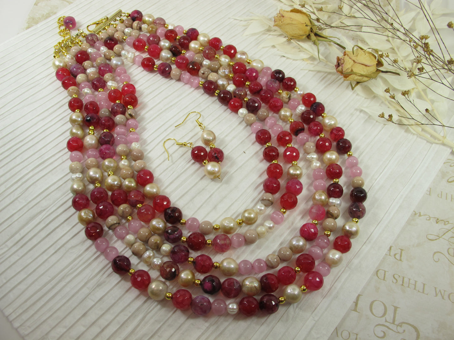 Chunky ruby red agate necklace, statement cranberry necklace, stone necklace heavy ruby stripped agate beads, agate garnet statement jew