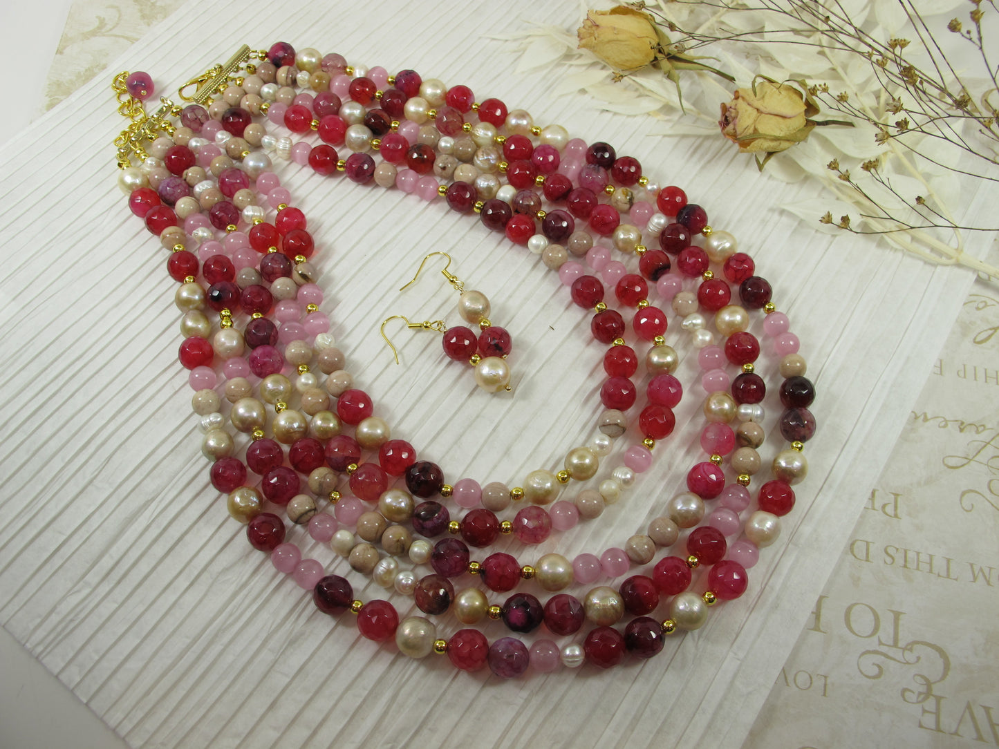 Chunky ruby red agate necklace, statement cranberry necklace, stone necklace heavy ruby stripped agate beads, agate garnet statement jew