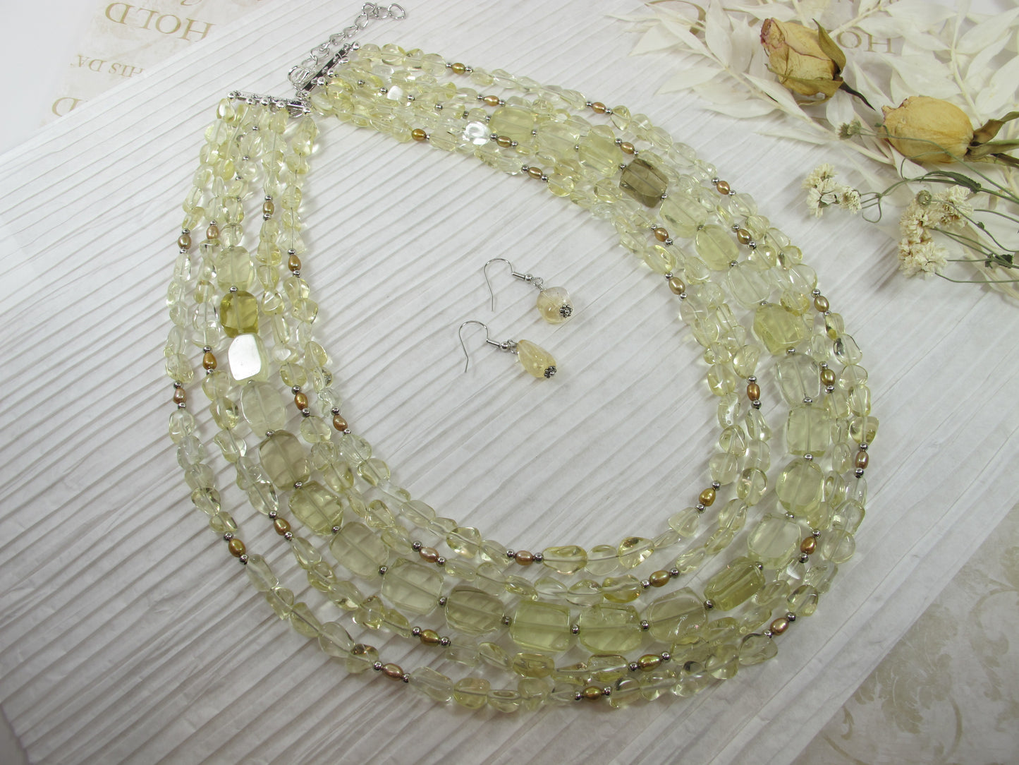 Natural lemon quartz and gold pearl necklace, statement yellow quartz necklace, chunky gemstone and pearls jewelry multistrand lemon quartz