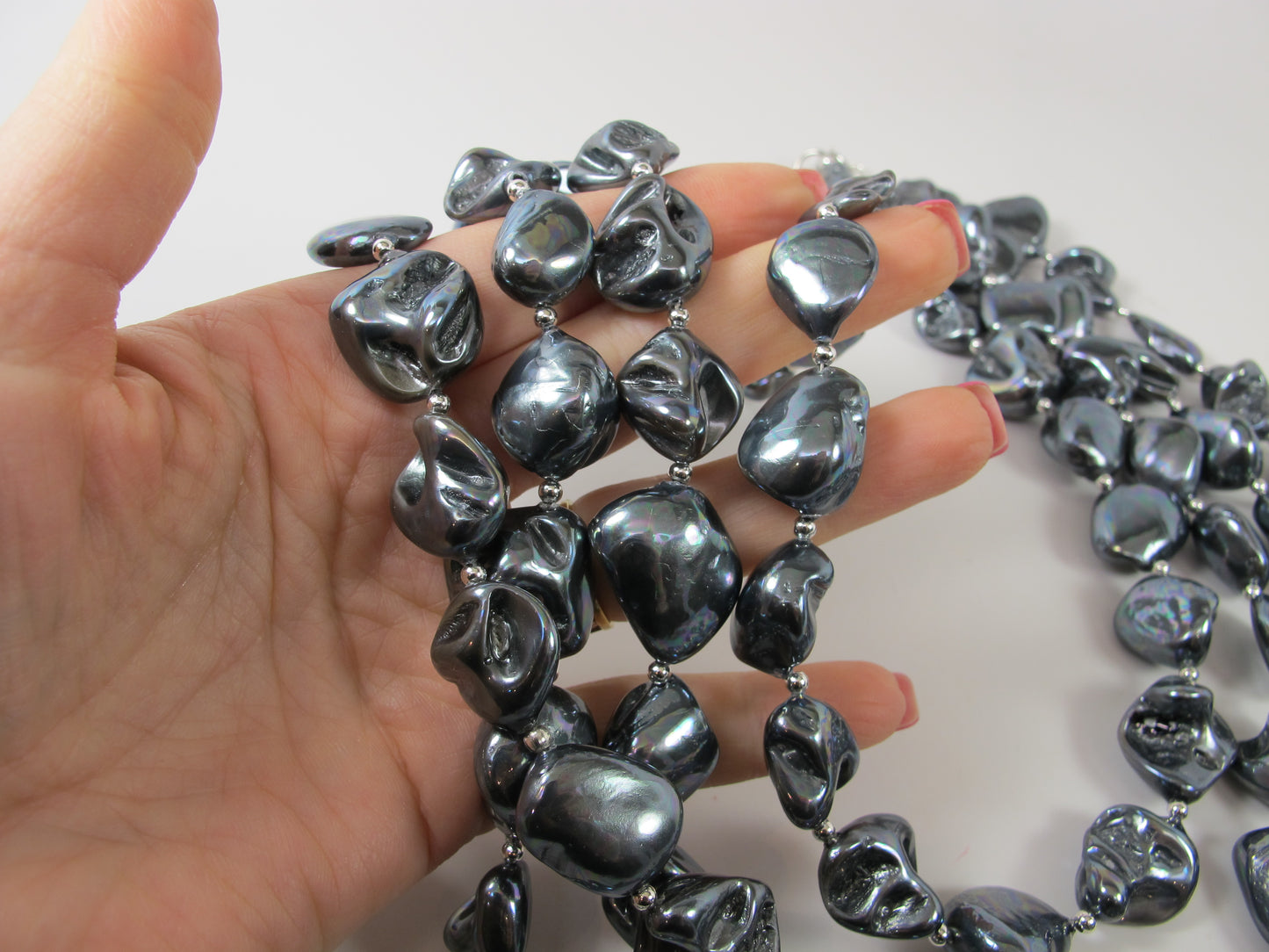 Shell black baroque pearl necklace, statement black mother of pearl necklace, chunky black baroque pearl jewelry, multistrand pearl