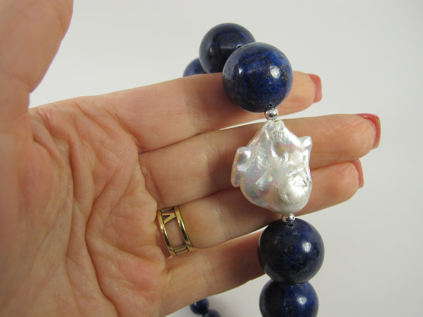 Natural blue lapis lazuli necklace, genuine blue gemstone necklace, chunky blue and white natural lapis lazuli gemstone necklace white pearl