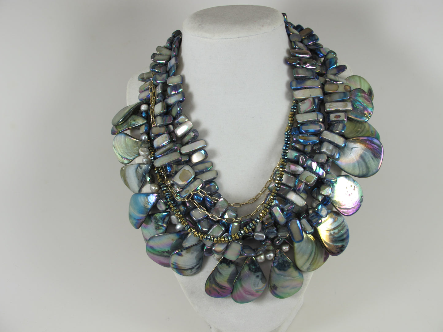 Dramatic Six Strand Shell and Natural Mother of Pearl Necklace Peacock multicolor pearl statement necklace Mother of pearl gray necklace