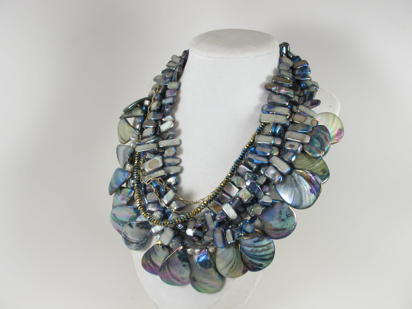 Dramatic Six Strand Shell and Natural Mother of Pearl Necklace Peacock multicolor pearl statement necklace Mother of pearl gray necklace