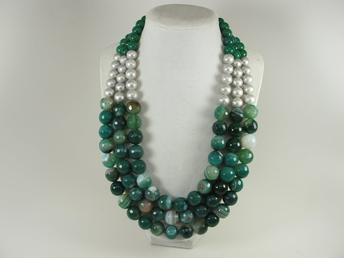Chunky Green Agate Necklace, Green Necklace, Green Beaded Necklace, Multi Strand Green Statement Necklace Green agate and gray pearl jewelry