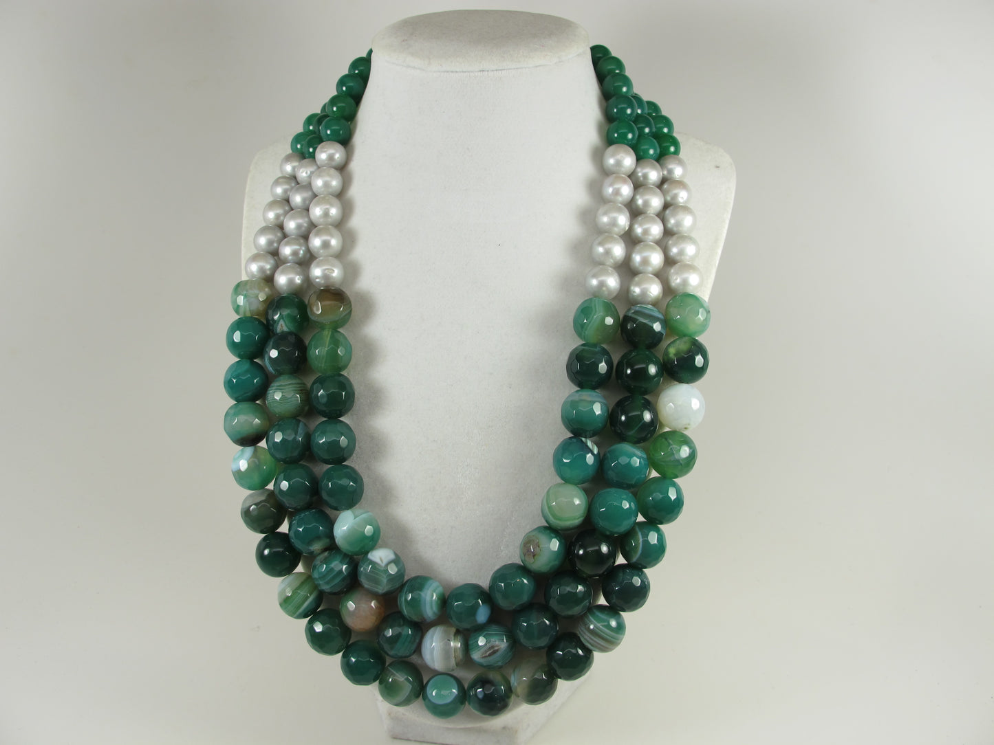 Chunky Green Agate Necklace, Green Necklace, Green Beaded Necklace, Multi Strand Green Statement Necklace Green agate and gray pearl jewelry