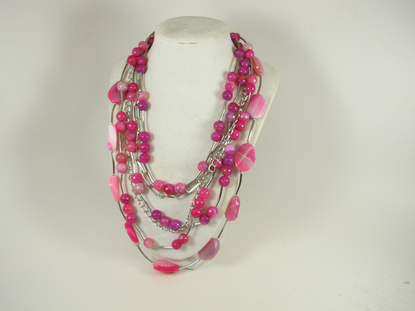 Chunky Hot Pink Gemstone Necklace, multistrand pink agate and silver chains jewelry, spring Easter