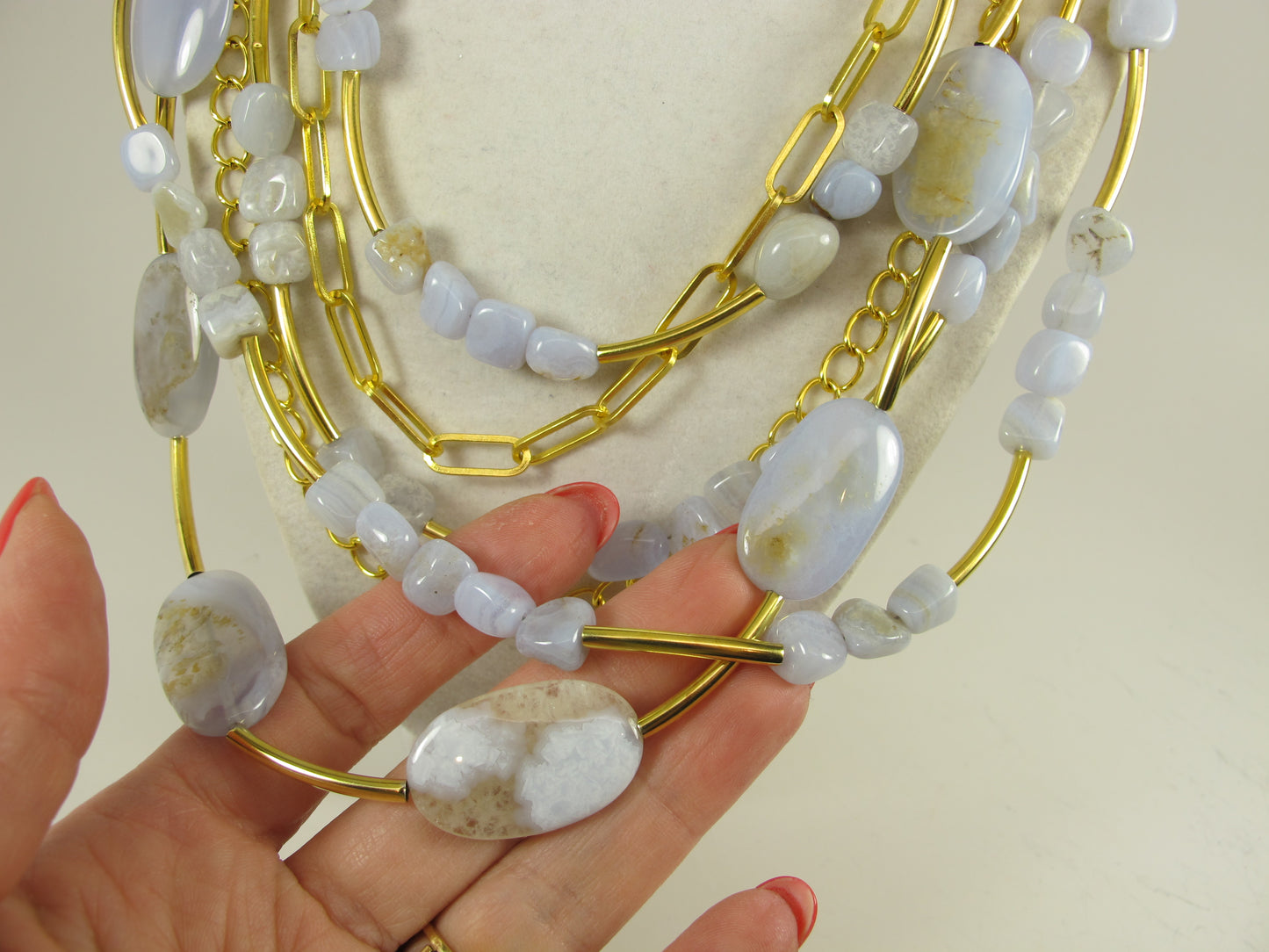 Pastel blue statement necklace, chunky multistrand blue lace agate jeweley, Easter chain