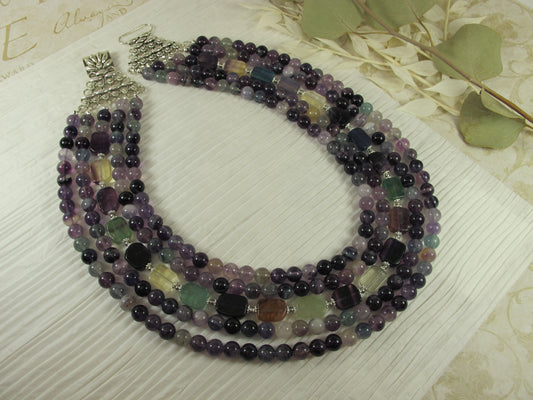 Statement fluorite gemstone necklace, multi strand statement purple necklace, amethyst necklace, rainbow gemstone, amethyst statement