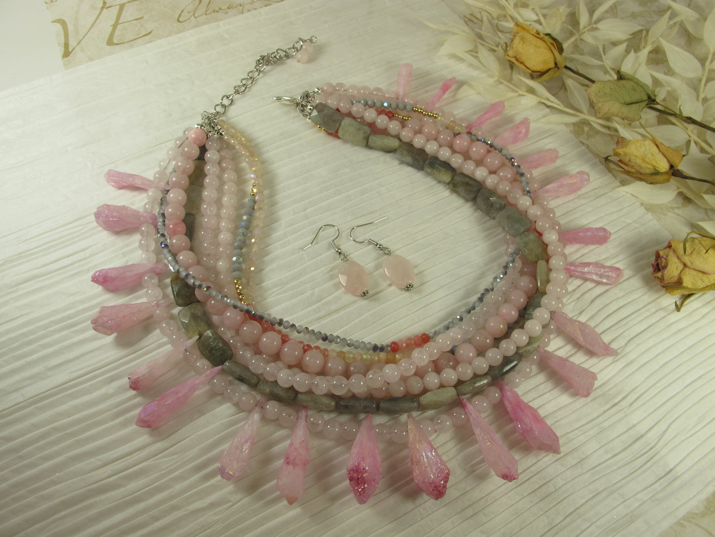 Chunky pale pink quartz gemstone necklace, statement rose quartz pearl necklace, light pink, rose quartz stone necklace, multistrand pin