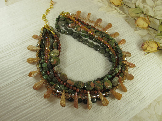 Chunky Green Agate Necklace, Green and brown Necklace, Green Brown Gold Beaded Necklace, Multi Strand Green and GoldStatement Necklace