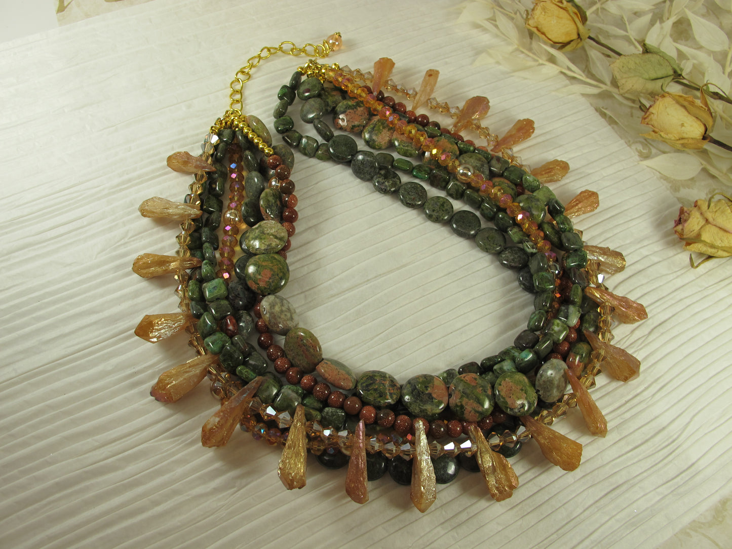 Chunky Green Agate Necklace, Green and brown Necklace, Green Brown Gold Beaded Necklace, Multi Strand Green and GoldStatement Necklace