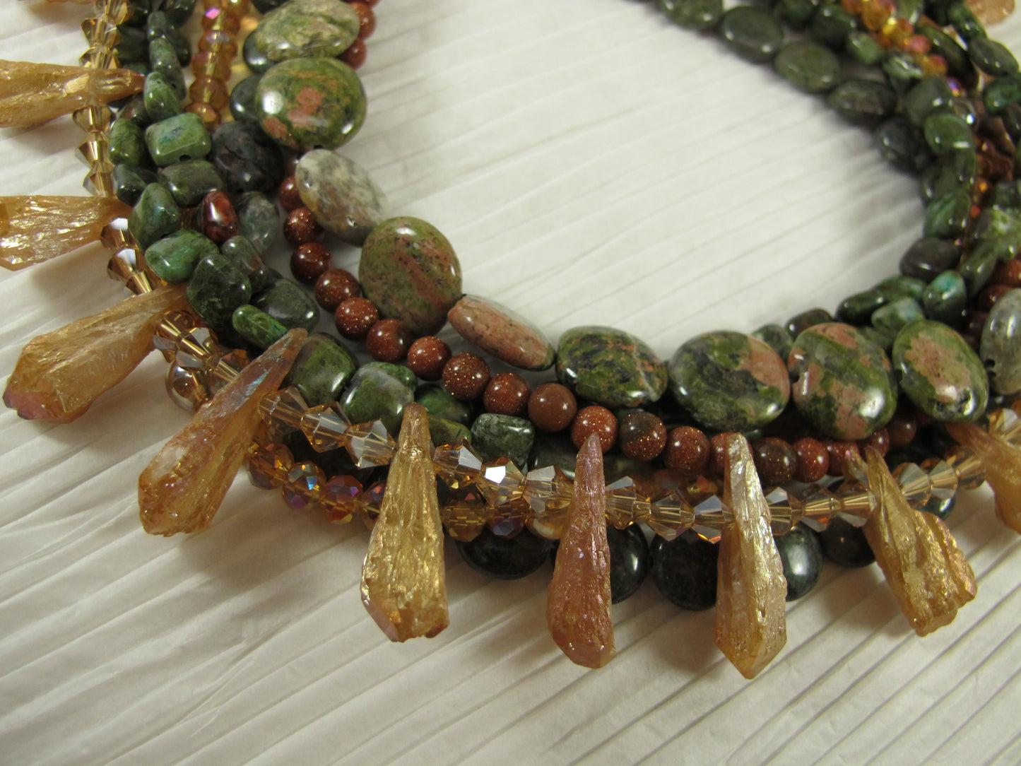 Chunky Green Agate Necklace, Green and brown Necklace, Green Brown Gold Beaded Necklace, Multi Strand Green and GoldStatement Necklace