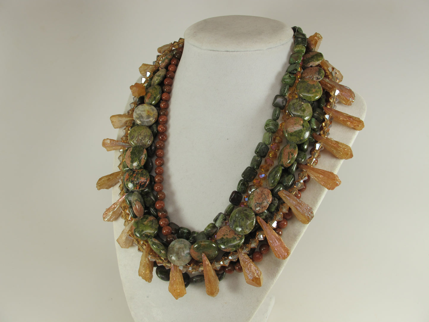 Chunky Green Agate Necklace, Green and brown Necklace, Green Brown Gold Beaded Necklace, Multi Strand Green and GoldStatement Necklace