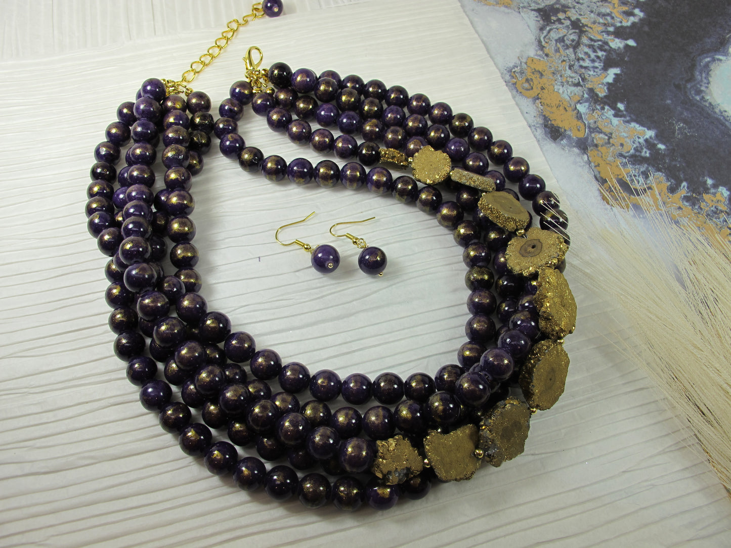 Chunky purple gemstone necklace, multi strand purple Mashan jade, drusy quartz beads, purple beaded choker, gemstone beads, natural gemstone