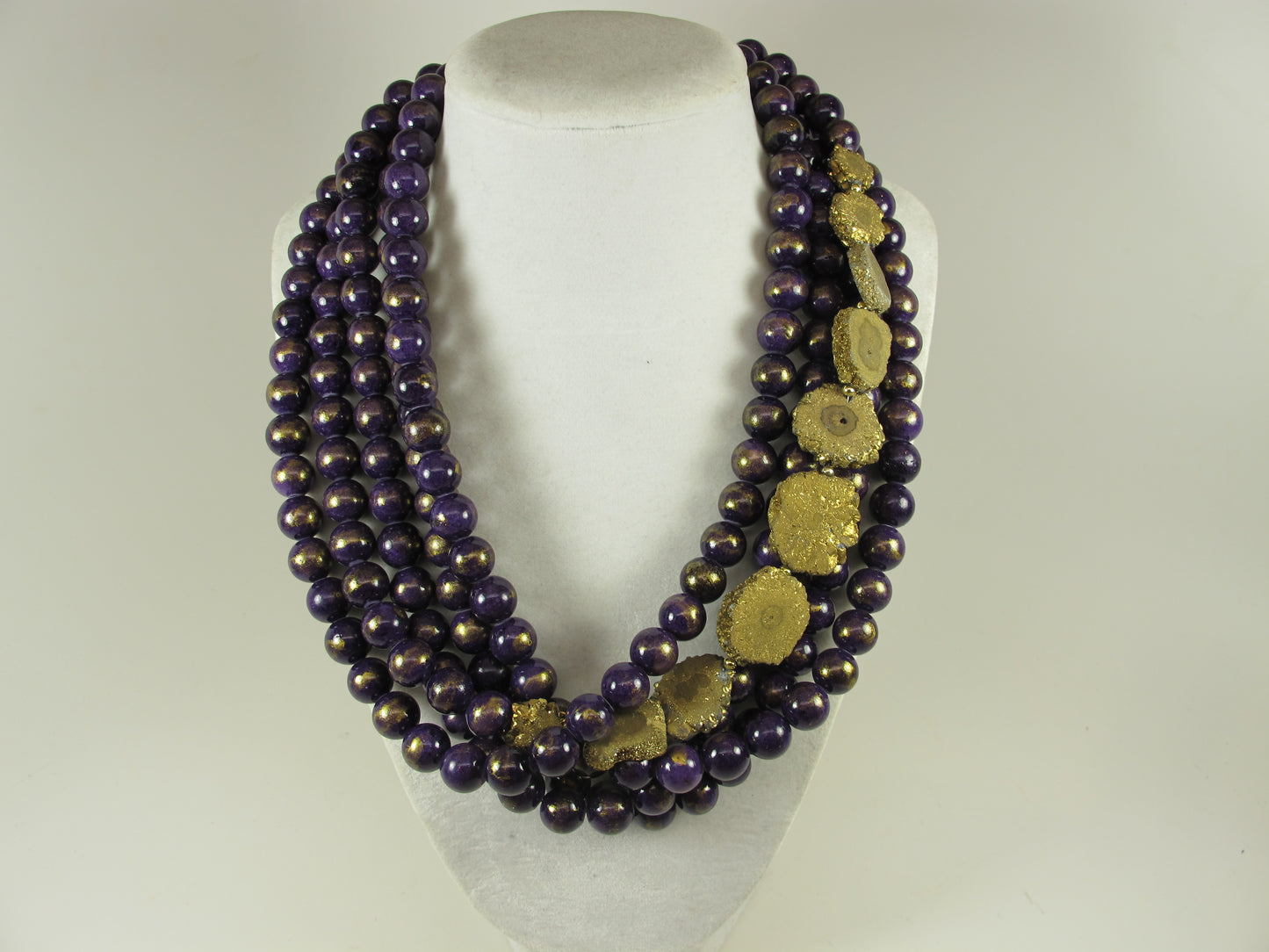 Chunky purple gemstone necklace, multi strand purple Mashan jade, drusy quartz beads, purple beaded choker, gemstone beads, natural gemstone