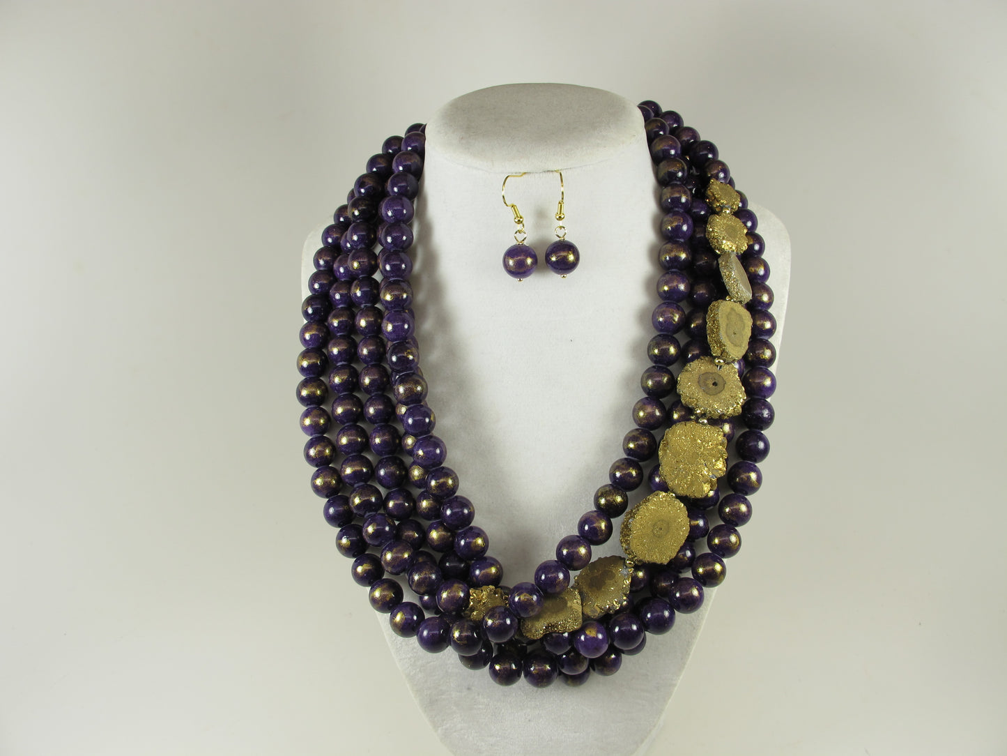 Chunky purple gemstone necklace, multi strand purple Mashan jade, drusy quartz beads, purple beaded choker, gemstone beads, natural gemstone