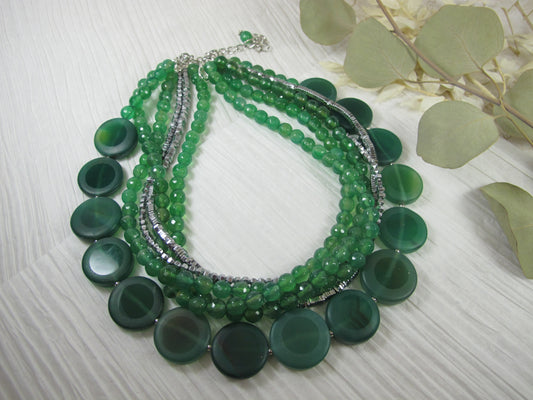 Statement Green Agate Necklace, Chunky Green Necklace, Green Beaded Necklace, Multi Strand Green Statement Necklace, Green Jewelry Necklace