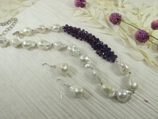 Genuine amethyst pearl necklace, statement white pearl necklace, chunky white and purple baroque pearl jewelry, freshwater white pearl