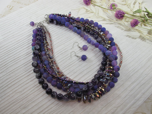 Chunky purple agate necklace, multi strand violet agate statement necklace, purple beaded choker, gemstone beads, statement jewelry,