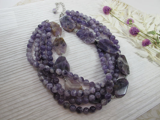 Chunky amethyst statement necklace,multi strand statement purple necklace, beaded necklace, big violet beads, amethyst statement jewelry