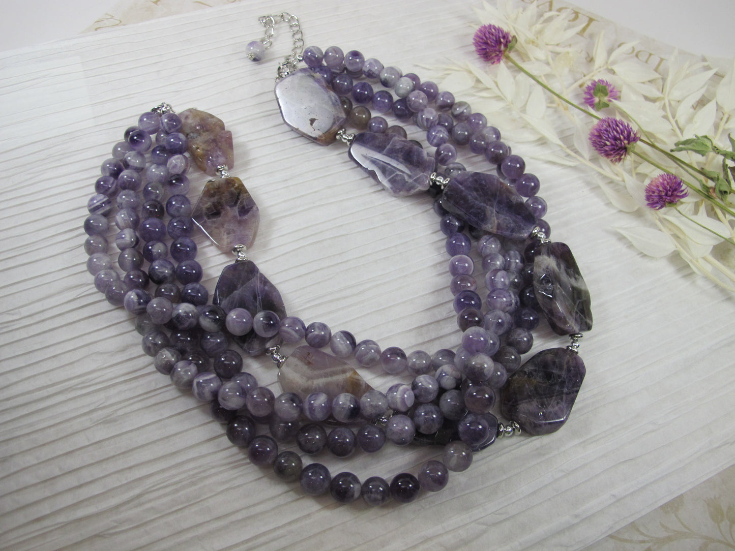 Chunky amethyst statement necklace,multi strand statement purple necklace, beaded necklace, big violet beads, amethyst statement jewelry