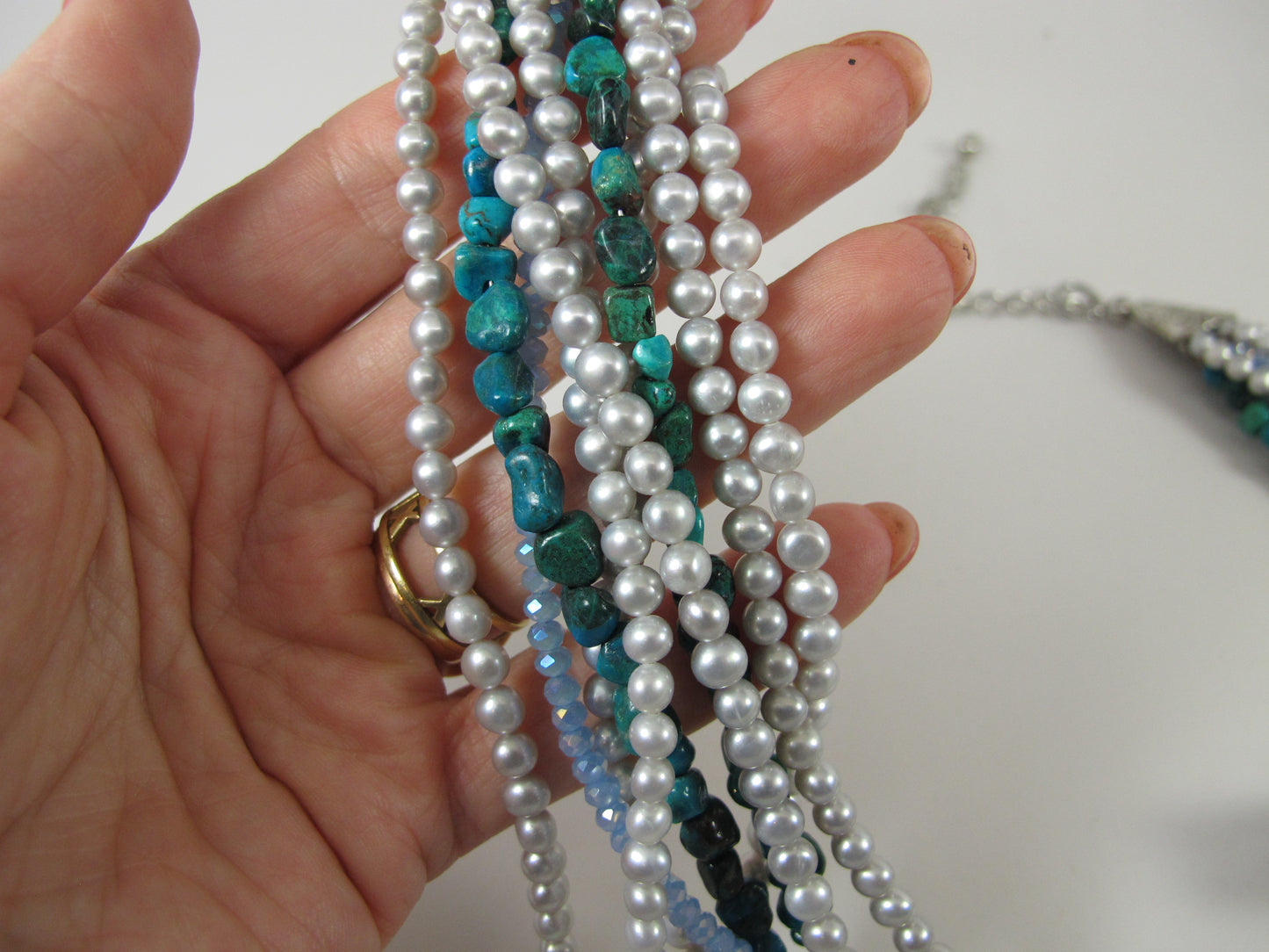 Genuine silver gray pearl and real turquoise necklace, silver gray statement pearl necklace chunky gray baroque pearl jewelry,baby blue gift