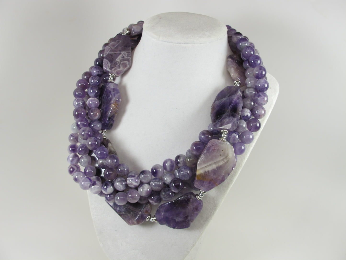 Chunky amethyst statement necklace,multi strand statement purple necklace, beaded necklace, big violet beads, amethyst statement jewelry