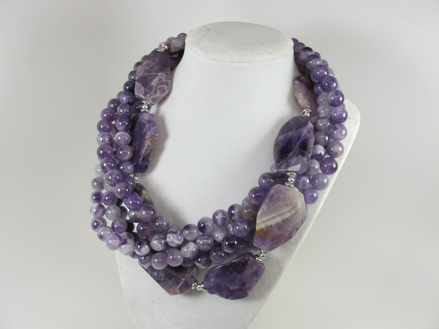 Chunky amethyst statement necklace,multi strand statement purple necklace, beaded necklace, big violet beads, amethyst statement jewelry