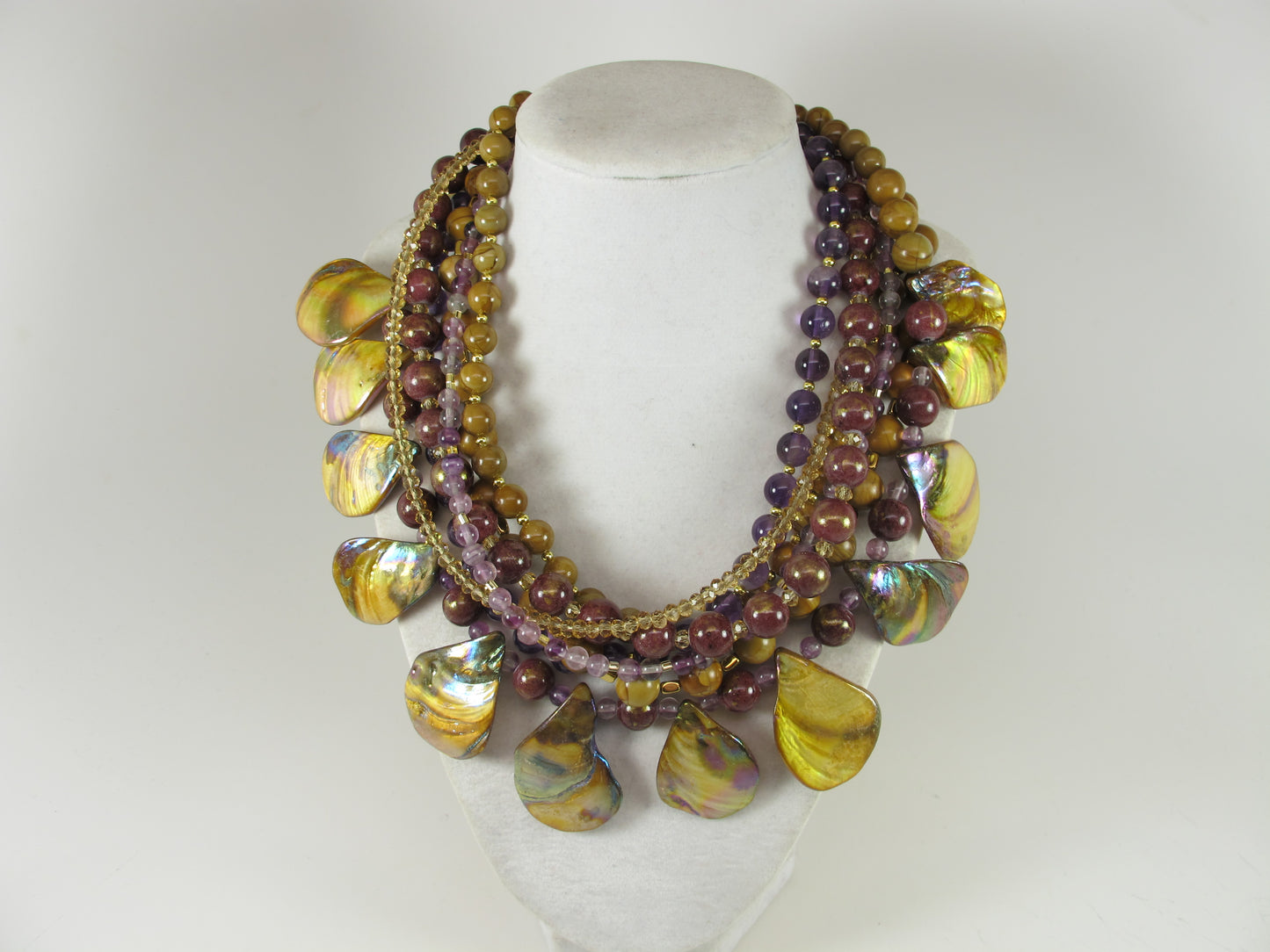 Fall statement necklace, brown gemstone beaded necklace, multi strand gold marigold amethyst mother of pearl necklace, brown gemstone