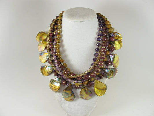 Fall statement necklace, brown gemstone beaded necklace, multi strand gold marigold amethyst mother of pearl necklace, brown gemstone