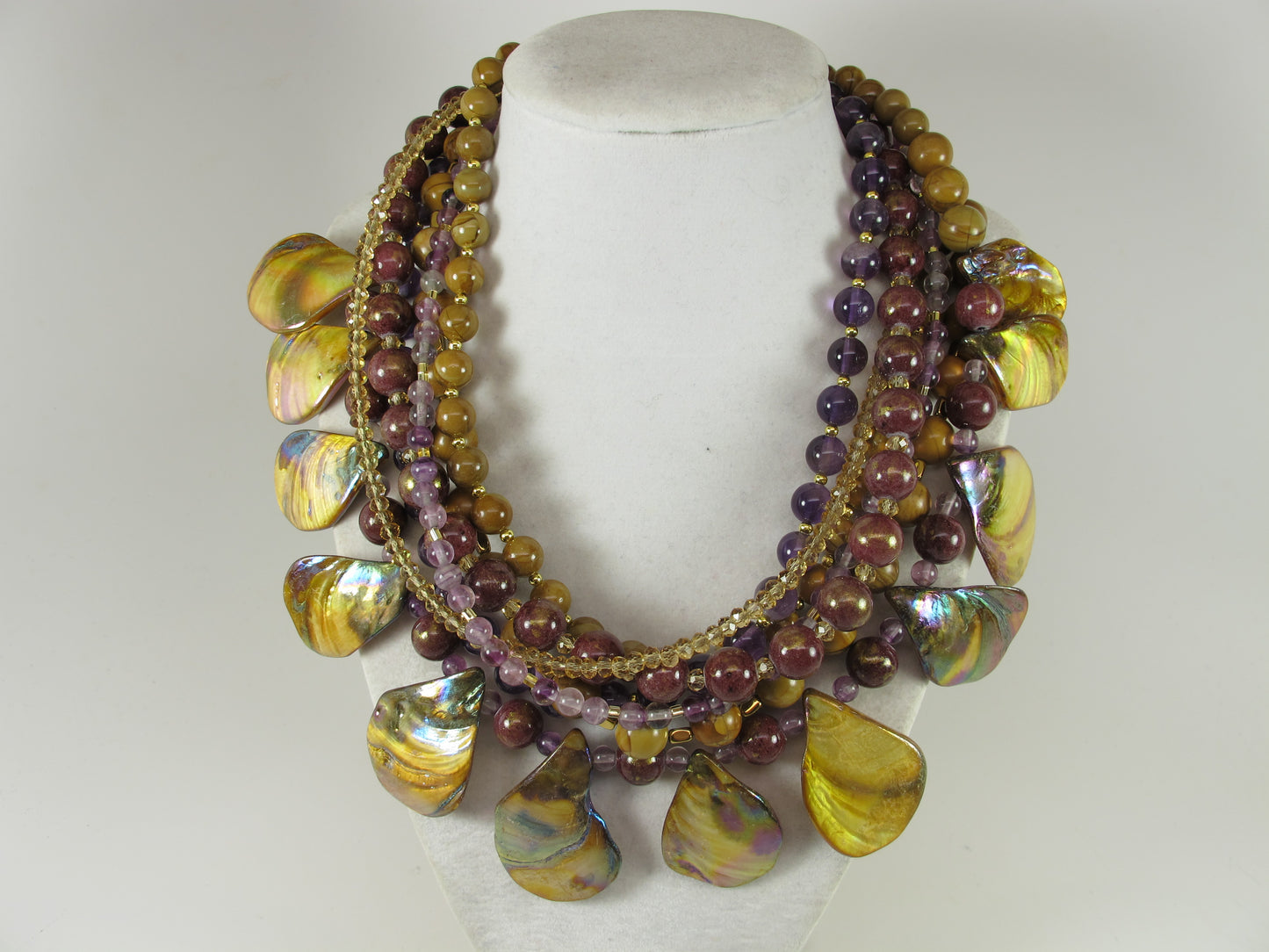 Fall statement necklace, brown gemstone beaded necklace, multi strand gold marigold amethyst mother of pearl necklace, brown gemstone