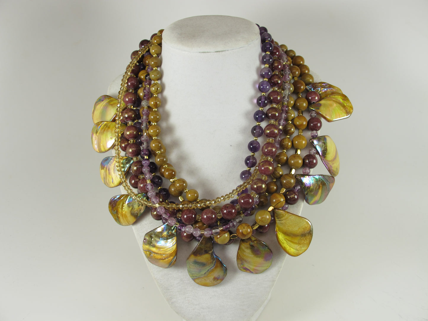 Fall statement necklace, brown gemstone beaded necklace, multi strand gold marigold amethyst mother of pearl necklace, brown gemstone