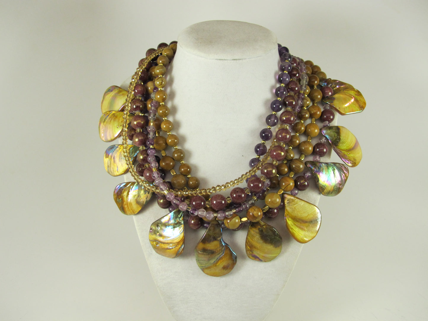 Fall statement necklace, brown gemstone beaded necklace, multi strand gold marigold amethyst mother of pearl necklace, brown gemstone