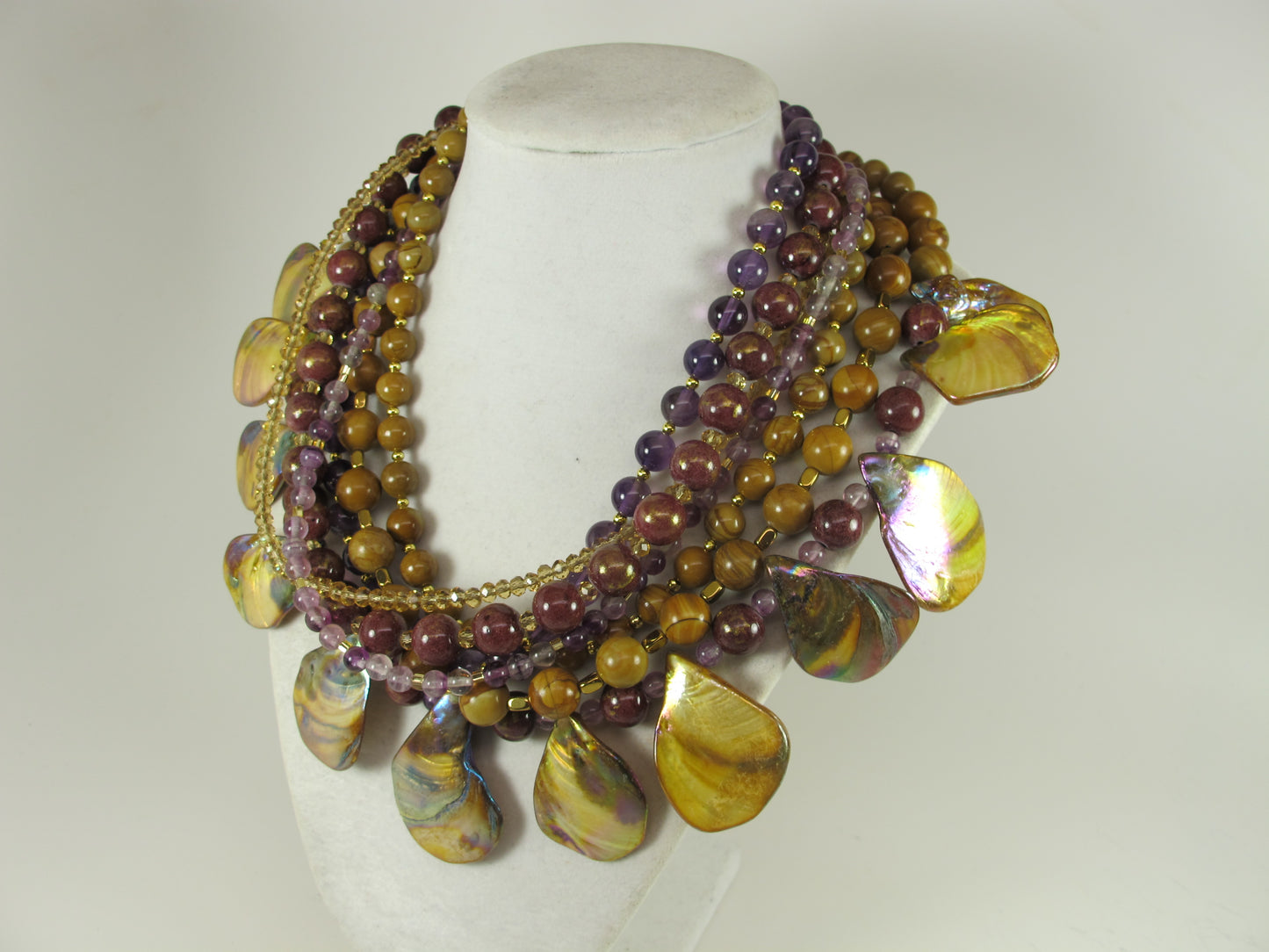 Fall statement necklace, brown gemstone beaded necklace, multi strand gold marigold amethyst mother of pearl necklace, brown gemstone
