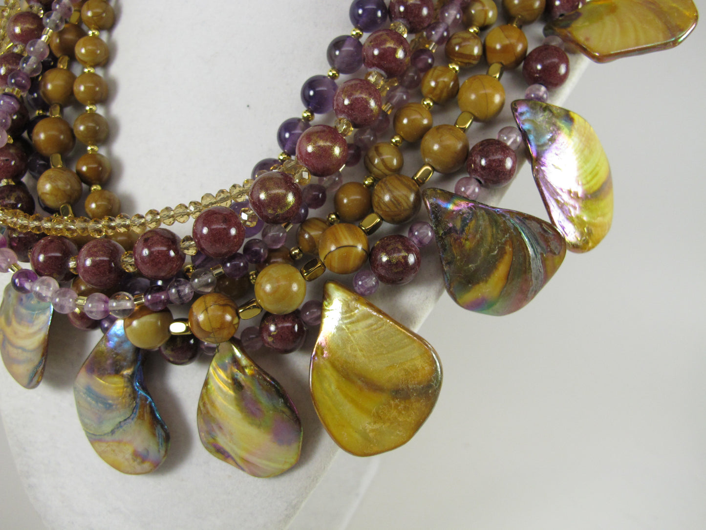 Fall statement necklace, brown gemstone beaded necklace, multi strand gold marigold amethyst mother of pearl necklace, brown gemstone
