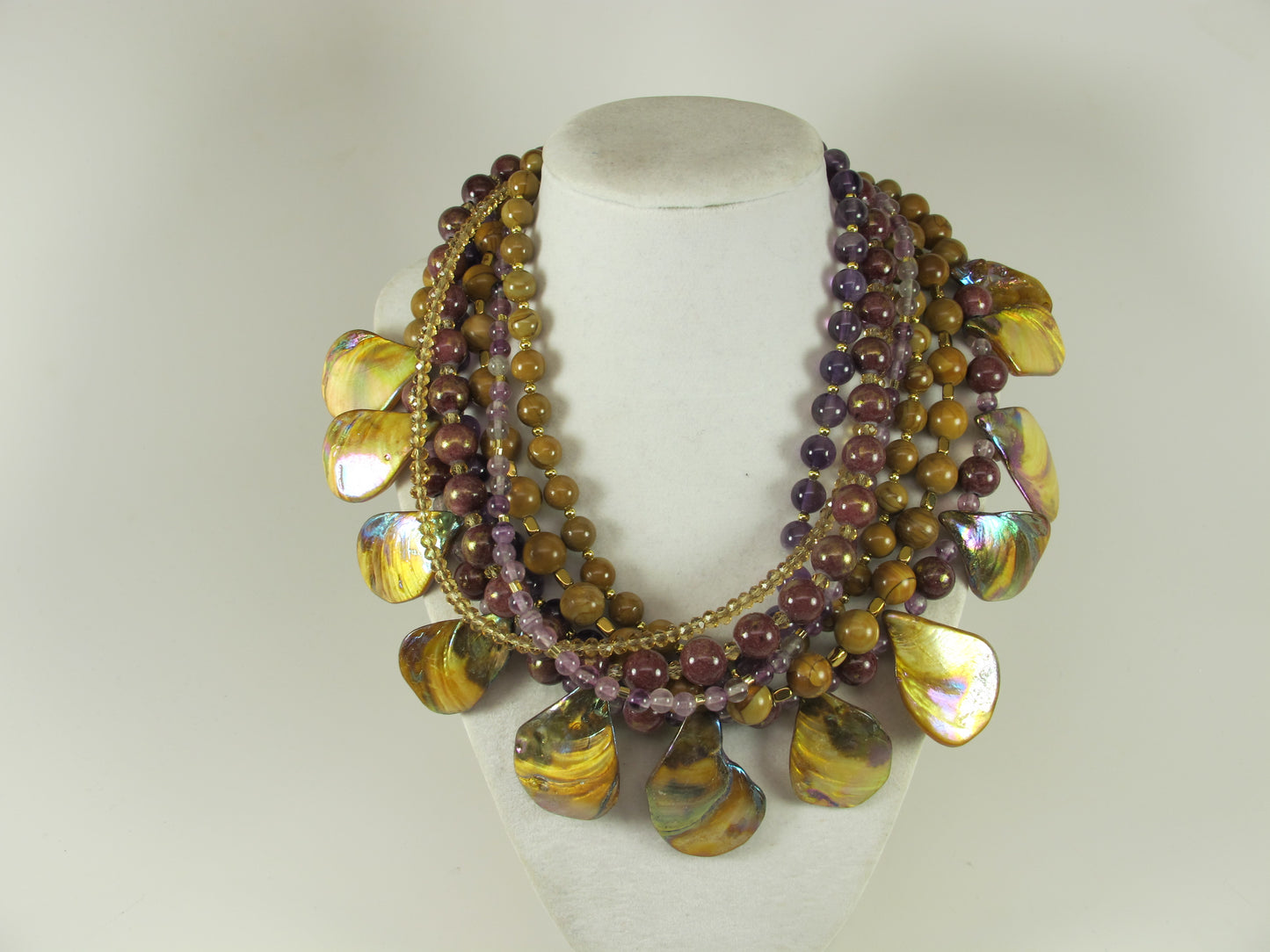 Fall statement necklace, brown gemstone beaded necklace, multi strand gold marigold amethyst mother of pearl necklace, brown gemstone