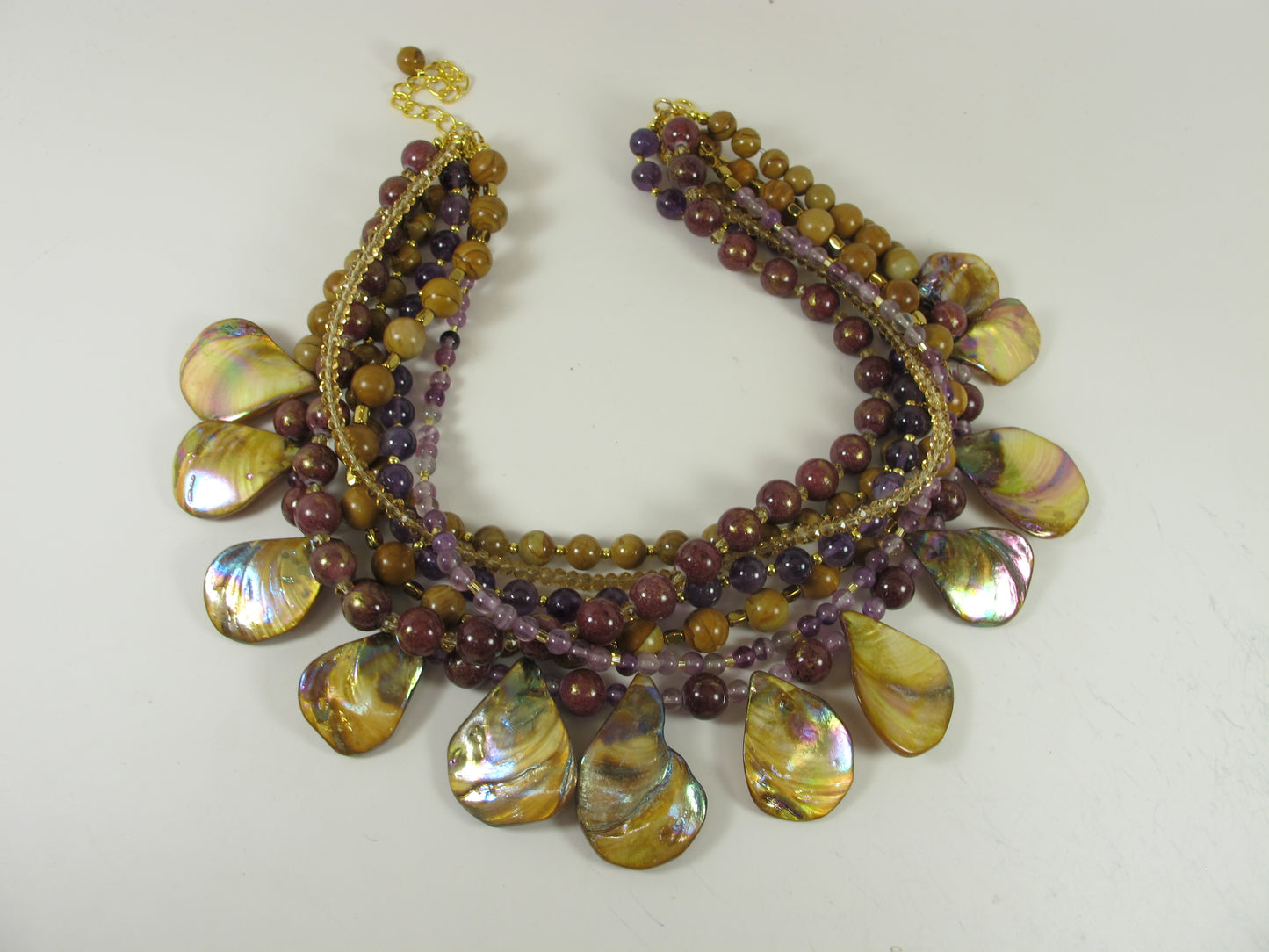 Fall statement necklace, brown gemstone beaded necklace, multi strand gold marigold amethyst mother of pearl necklace, brown gemstone