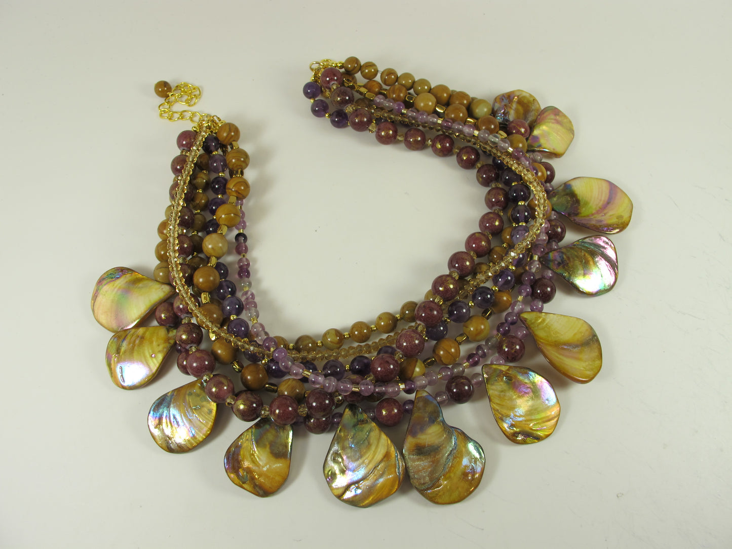 Fall statement necklace, brown gemstone beaded necklace, multi strand gold marigold amethyst mother of pearl necklace, brown gemstone