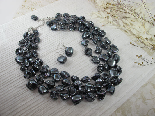 Shell black baroque pearl necklace, statement black mother of pearl necklace, chunky black baroque pearl jewelry, multistrand pearl