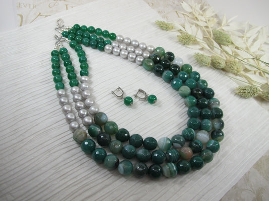 Chunky Green Agate Necklace, Green Necklace, Green Beaded Necklace, Multi Strand Green Statement Necklace Green agate and gray pearl jewelry