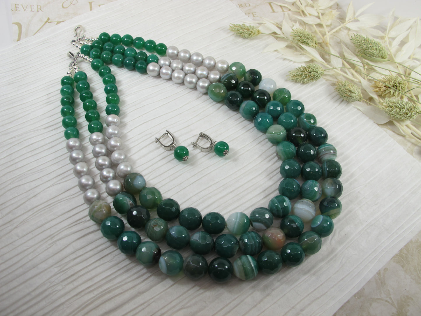 Chunky Green Agate Necklace, Green Necklace, Green Beaded Necklace, Multi Strand Green Statement Necklace Green agate and gray pearl jewelry